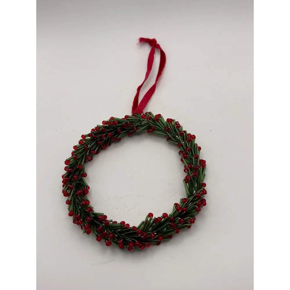 Green and Red Beaded Wreath Christmas Ornament Glass Bugle Beads Holiday Decor